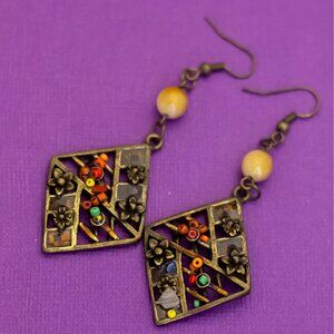 Vintage Geometric Diamond Lovely Beads Gold Tone Dangle Earrings - Q33